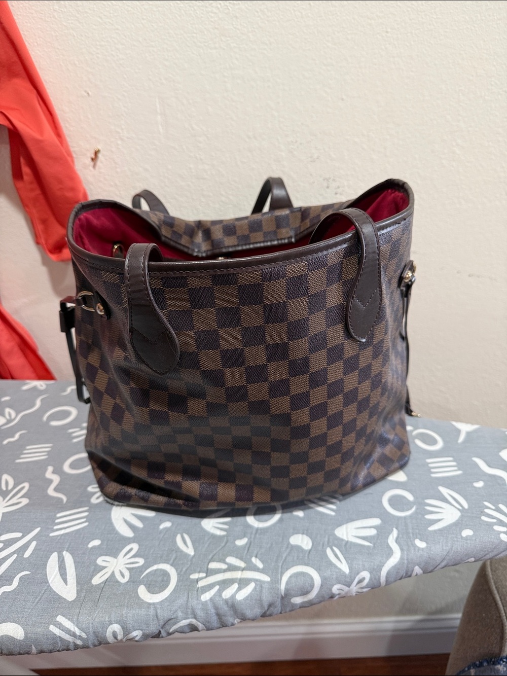 Brown Checkered Tote with Red Interior
